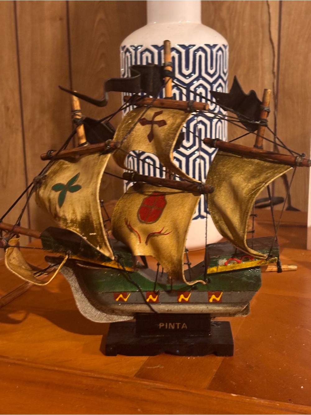 Decorative Gold and Green Pinta Ship Model - Home Accents